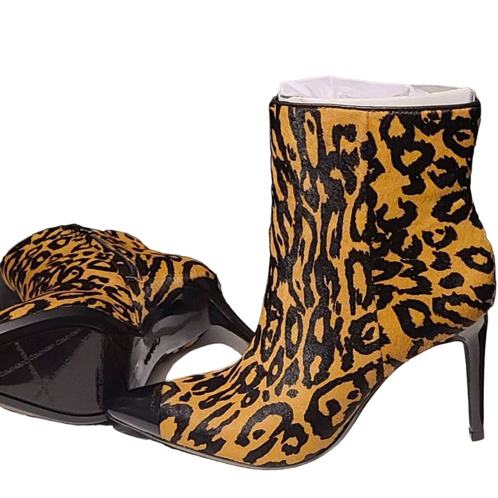 Calvin Klein Ravie Leopard Calf Hair Ankle Stiletto Boots, size 5M ~ NEW